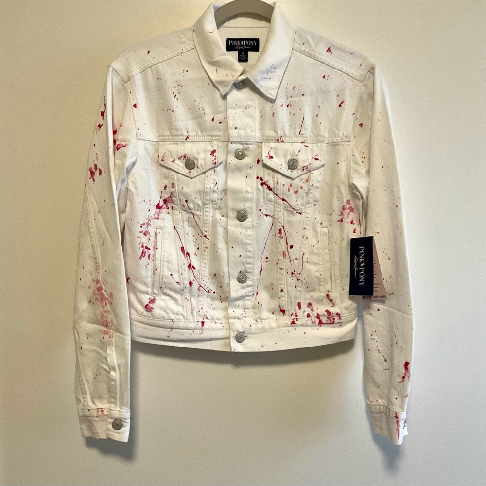 Ralph Lauren The Pink Pony Collection White Denim Jacket Pink Splatter Sz XS